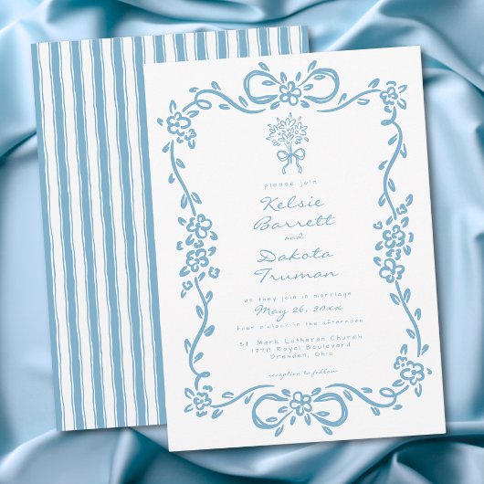 Whimsical Blue Hand Drawn Floral Stripe Wedding 招待状