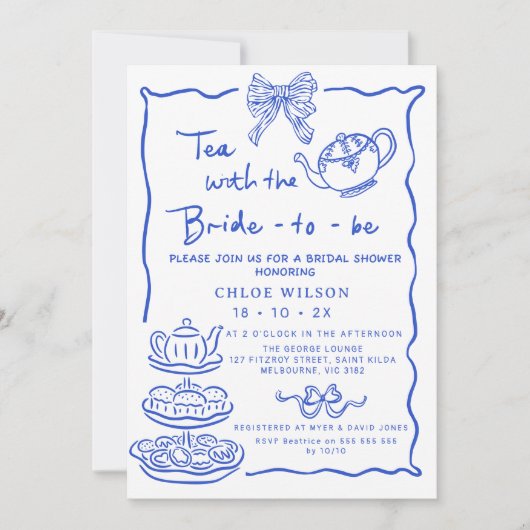 Whimsical Blue Hand Drawn Tea Bridal Shower  招待状 (正面)