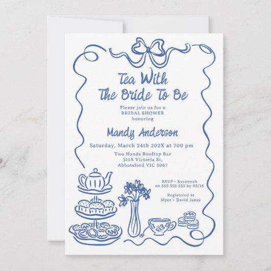Whimsical Blue Hand Drawn Tea Bridal Shower 招待状 (正面)