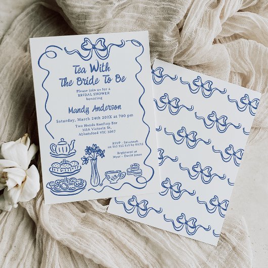 Whimsical Blue Hand Drawn Tea Bridal Shower 招待状