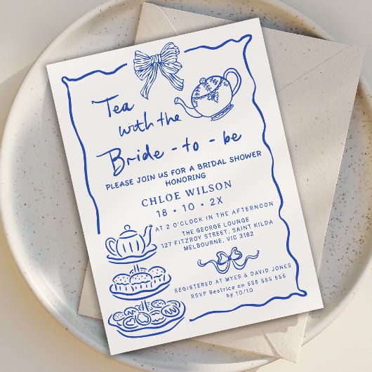 Whimsical Blue Hand Drawn Tea Bridal Shower  招待状