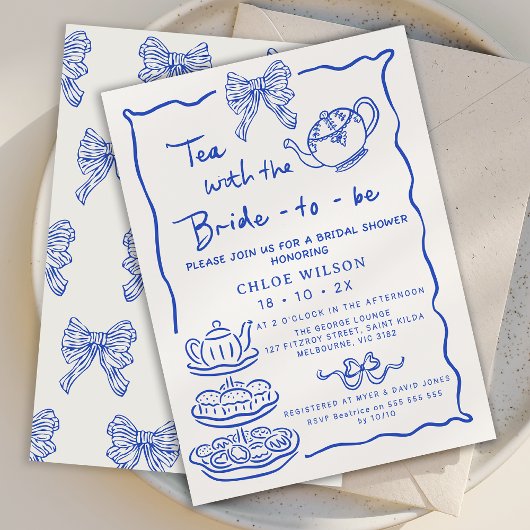 Whimsical Blue Hand Drawn Tea Bridal Shower  招待状