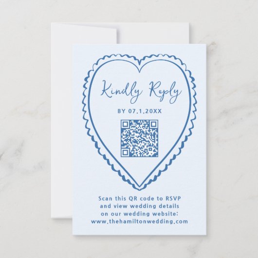 Whimsical Blue Heart QR Code Wedding 出欠カード (正面)