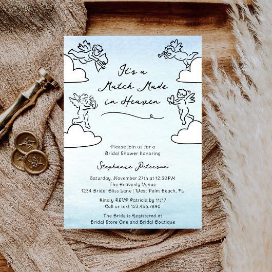 Whimsical Blue Match Made In Heaven Bridal Shower 招待状