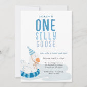 Whimsical Blue One Silly Goose First Birthday 招待状 (正面)