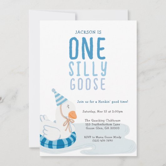 Whimsical Blue One Silly Goose First Birthday 招待状 (正面)