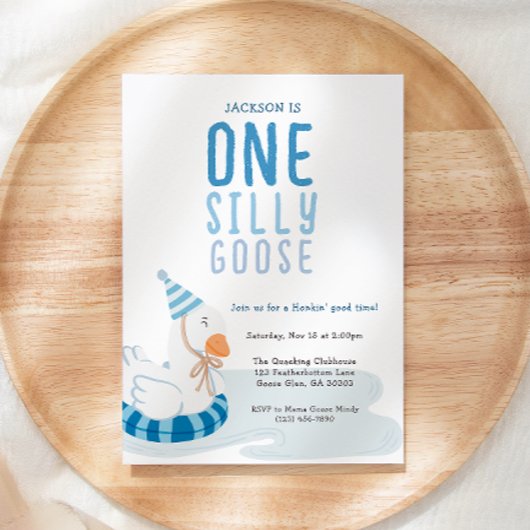 Whimsical Blue One Silly Goose First Birthday 招待状