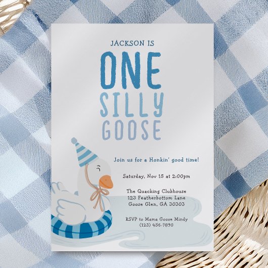 Whimsical Blue One Silly Goose First Birthday 招待状