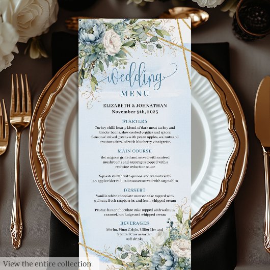 Whimsical Blue Peonies Gold Frame Dinner Menu メニュー