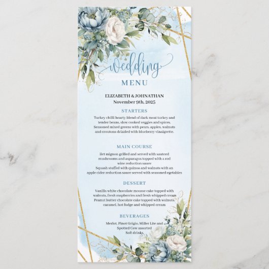 Whimsical Blue Peonies Gold Frame Dinner Menu メニュー (正面)