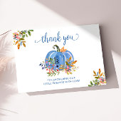 Whimsical Blue Pumpkin Autumn Floral Baby Shower サンキューカード