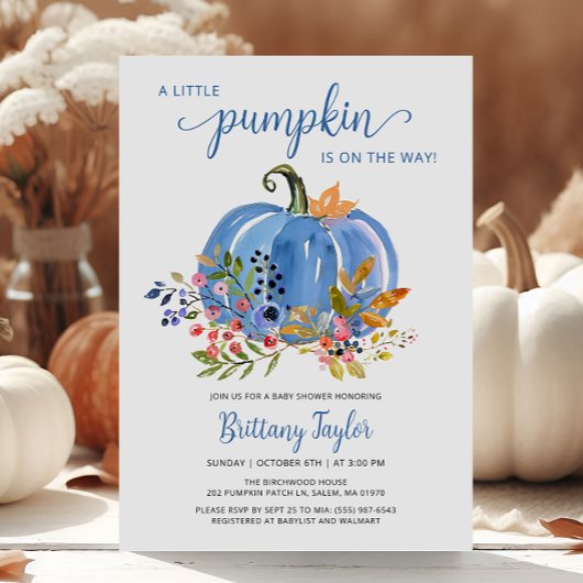 Whimsical Blue Pumpkin Baby Shower 招待状