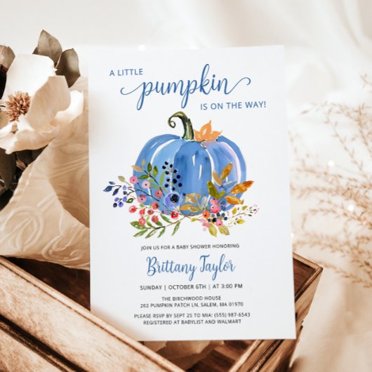 Whimsical Blue Pumpkin Baby Shower 招待状