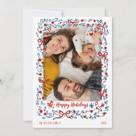 Whimsical blue red Christmas Photo Card wreath シーズンカード