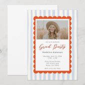 Whimsical Blue Stripes Graduation Party Photo 招待状 (正面/裏面)