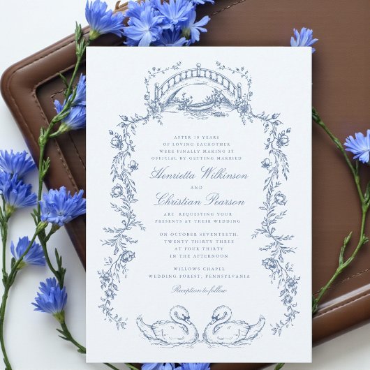 Whimsical Blue Swan Romantic Wedding Invitation 招待状