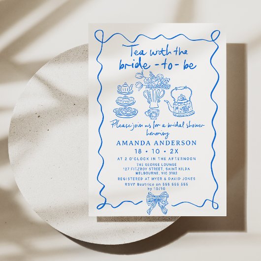Whimsical Blue Tea Hand Drawn Bridal Shower  招待状