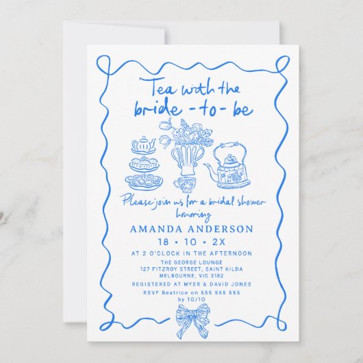 Whimsical Blue Tea Hand Drawn Bridal Shower  招待状 (正面)