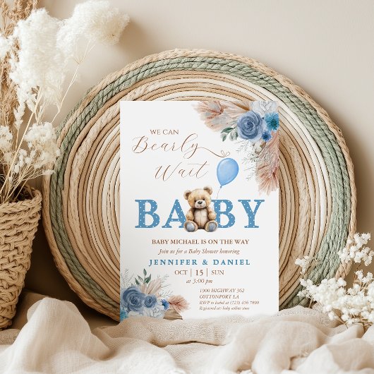 Whimsical Blue Teddy Bear Boho Baby Shower 招待状