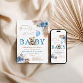 Whimsical Blue Teddy Bear Boho Baby Shower 招待状