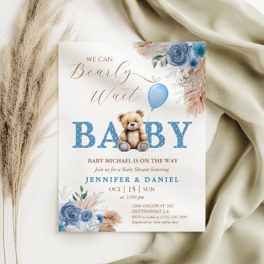 Whimsical Blue Teddy Bear Boho Baby Shower 招待状