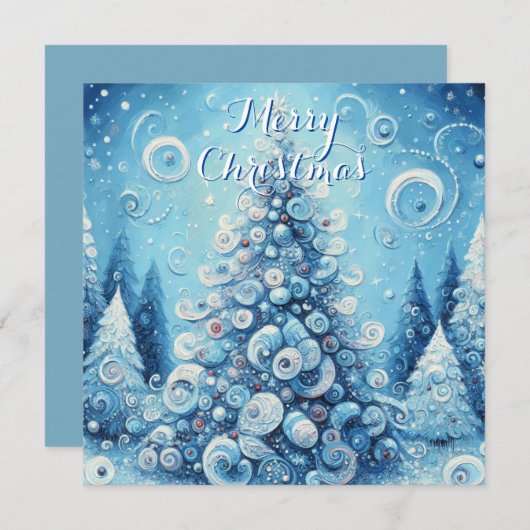 Whimsical Blue Tree – Impressionist Winter Glow シーズンカード (正面/裏面)