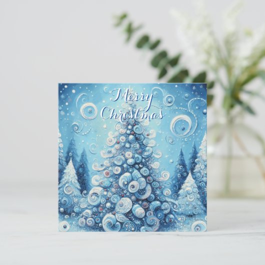 Whimsical Blue Tree – Impressionist Winter Glow シーズンカード (スタンド正面)