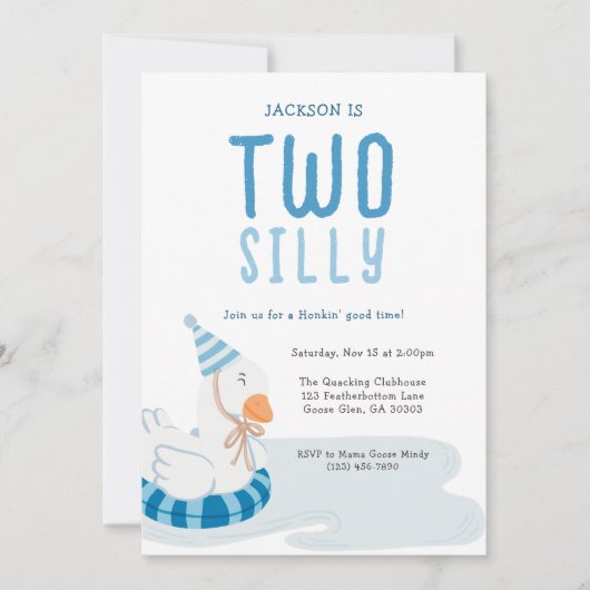 Whimsical Blue Two Silly Goose 2nd Birthday 招待状 (正面)