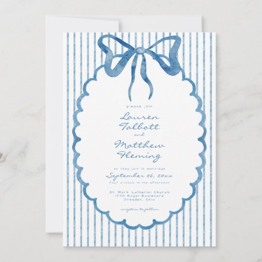 Whimsical Blue Watercolor Bow Stripe Wedding 招待状 (正面)