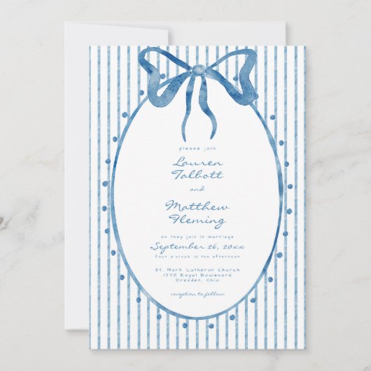 Whimsical Blue Watercolor Bow Stripe Wedding 招待状 (正面)