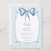 Whimsical Blue Watercolor Bow Stripe Wedding 招待状 (正面)