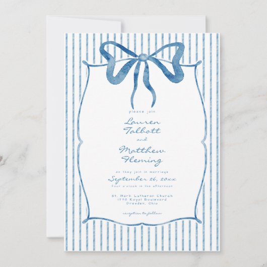 Whimsical Blue Watercolor Bow Stripe Wedding 招待状 (正面)