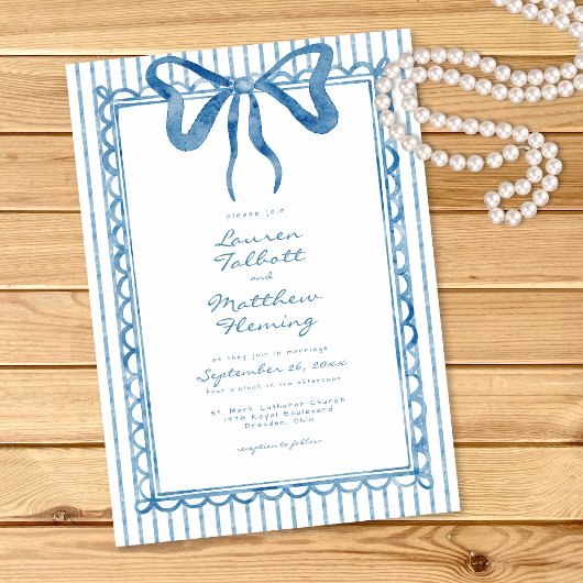 Whimsical Blue Watercolor Bow Stripe Wedding 招待状