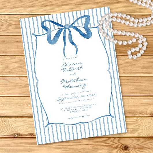 Whimsical Blue Watercolor Bow Stripe Wedding 招待状