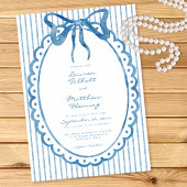 Whimsical Blue Watercolor Bow Stripe Wedding 招待状