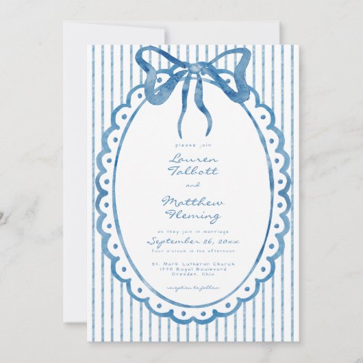 Whimsical Blue Watercolor Bow Stripe Wedding 招待状 (正面)