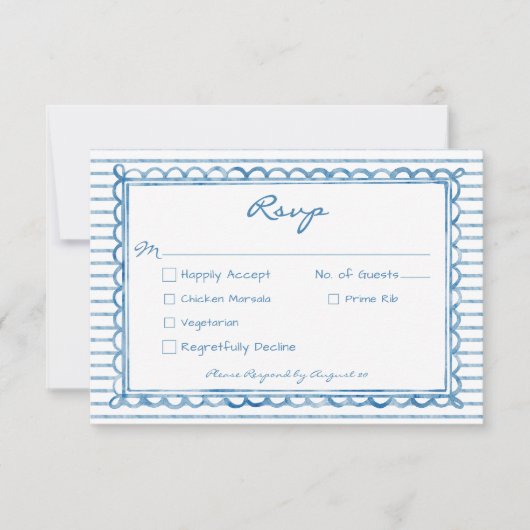 Whimsical Blue Watercolor Stripe Wedding 出欠カード (正面)