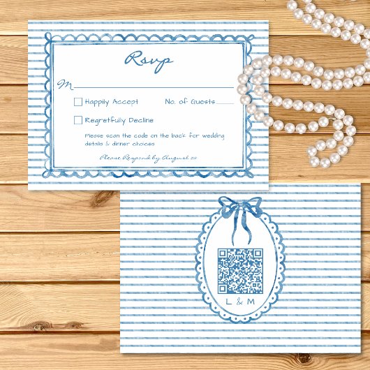 Whimsical Blue Watercolor Stripe Wedding QR 出欠カード