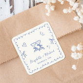 Whimsical Blue Wavy Frame Cream Wedding スクエアシール