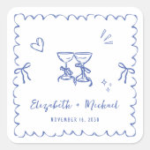 Whimsical Blue Wavy Frame Wedding スクエアシール (正面)