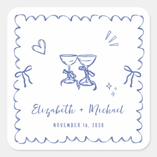 Whimsical Blue Wavy Frame Wedding スクエアシール (正面)