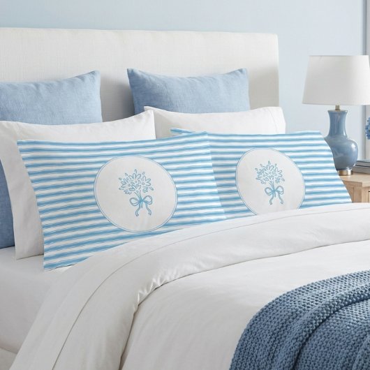 Whimsical Blue White Stripe Preppy Floral 枕カバー