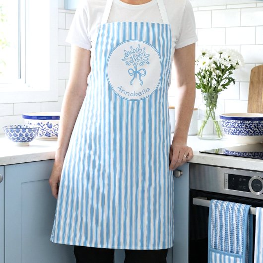 Whimsical Blue White Stripe Preppy Monogram エプロン