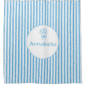 Whimsical Blue White Stripe Preppy Monogram シャワーカーテン (正面)