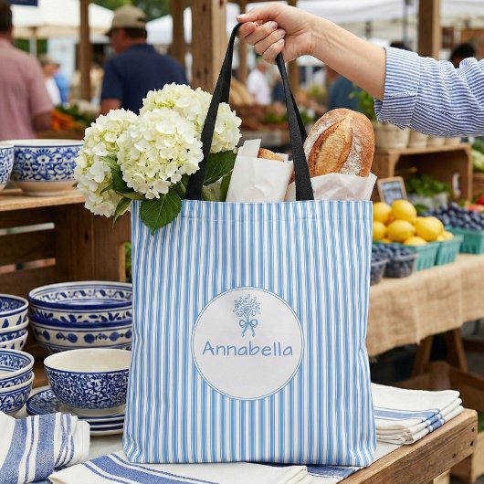 Whimsical Blue White Stripe Preppy Monogram トートバッグ