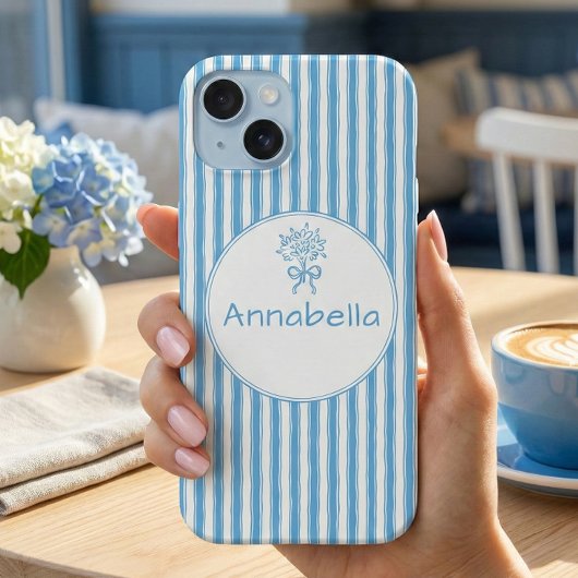 Whimsical Blue White Stripe Preppy Monogram iPhone 15ケース