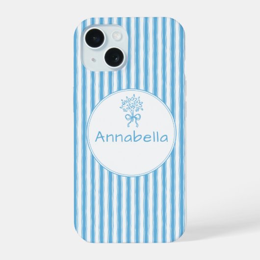 Whimsical Blue White Stripe Preppy Monogram iPhone 15ケース (裏面)