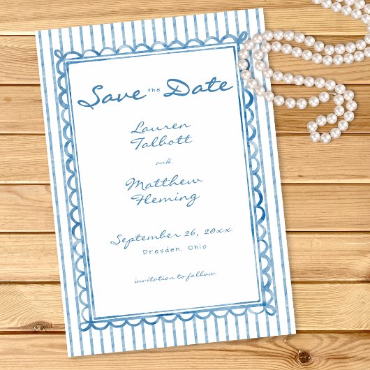 Whimsical Blue White Watercolor Stripe Wedding セーブザデート