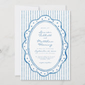 Whimsical Blue White Watercolor Stripe Wedding 招待状 (正面)