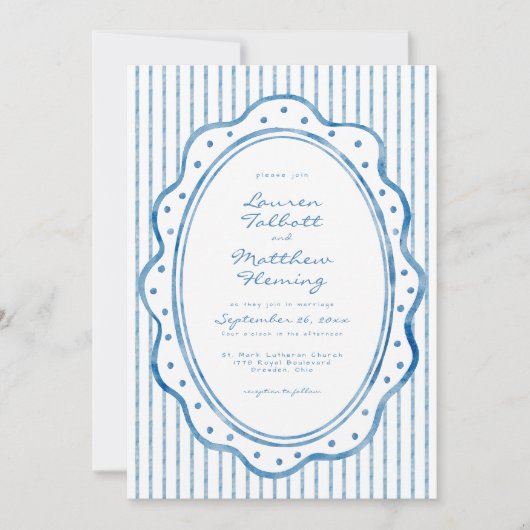 Whimsical Blue White Watercolor Stripe Wedding 招待状 (正面)